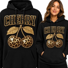 Bluza damska z kapturem „Cherry” - wiśnie w cętki lamparta