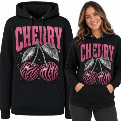 Bluza damska z kapturem „Cherry” - różowe wiśnie w zebrowe paski