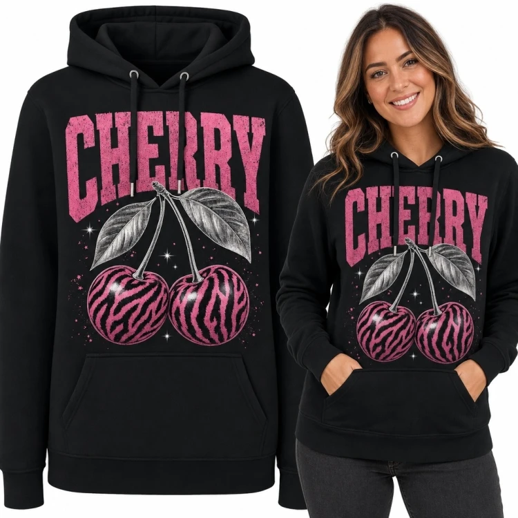 Bluza damska z kapturem „Cherry” - różowe wiśnie w zebrowe paski