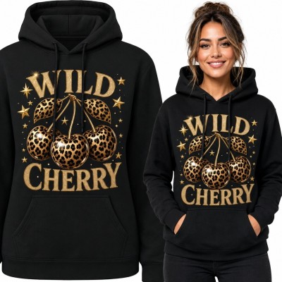 Bluza damska z kapturem z cętkowanymi wiśniami „Wild Cherry” - retro glamour