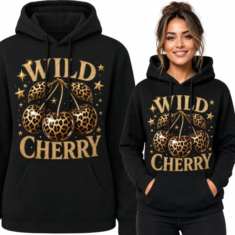 Bluza damska z kapturem z cętkowanymi wiśniami „Wild Cherry” - retro glamour
