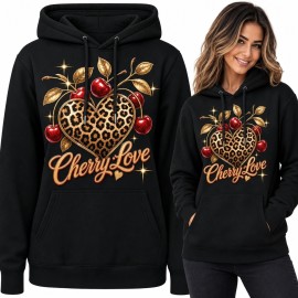 Bluza damska z kapturem „Cherry Love” - serce w panterkę i wiśnie