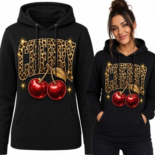 Bluza damska z kapturem, wiśniami i napisem „Cherry” w panterkę