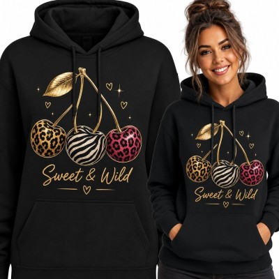 Bluza damska z kapturem z wiśniami animal print „Sweet &amp; Wild”