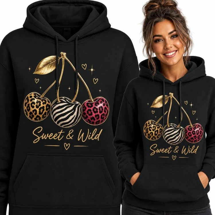 Bluza damska z kapturem z wiśniami animal print „Sweet &amp; Wild”