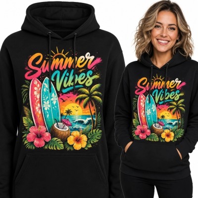 Bluza damska z kapturem z tropikalnym motywem „Summer Vibes” - retro surf