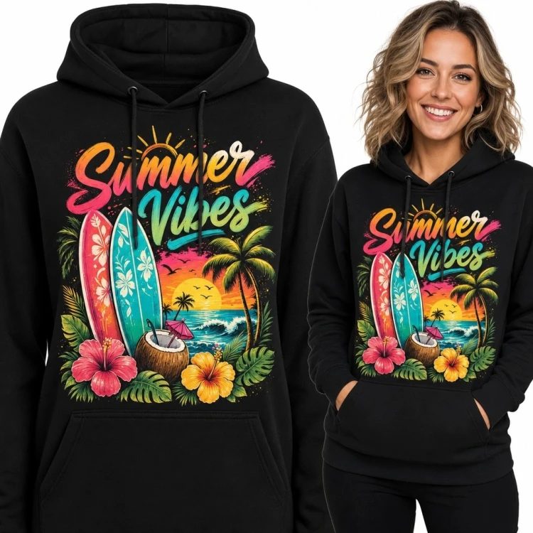 Bluza damska z kapturem z tropikalnym motywem „Summer Vibes” - retro surf
