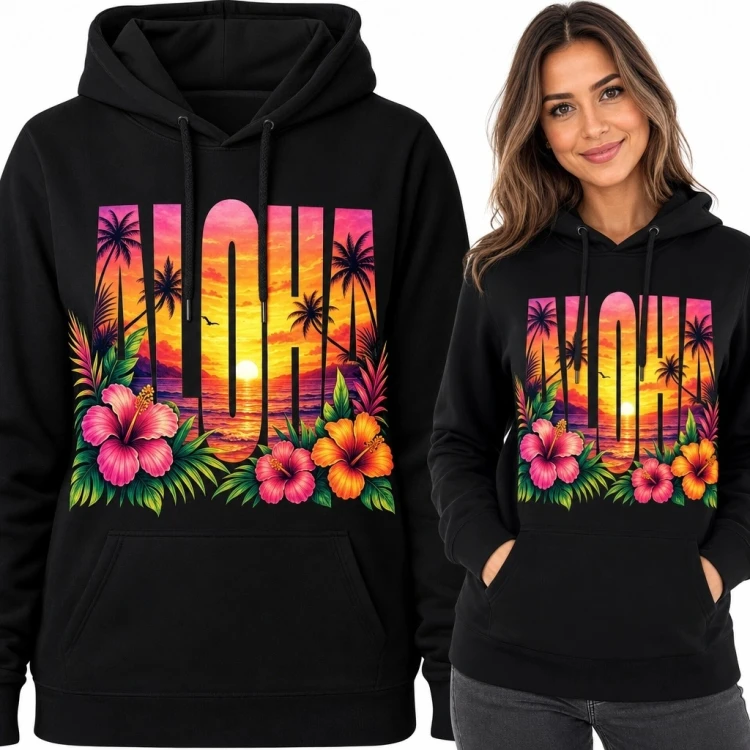 Bluza damska z kapturem „Aloha” - tropikalny zachód słońca, palmy i hibiskusy