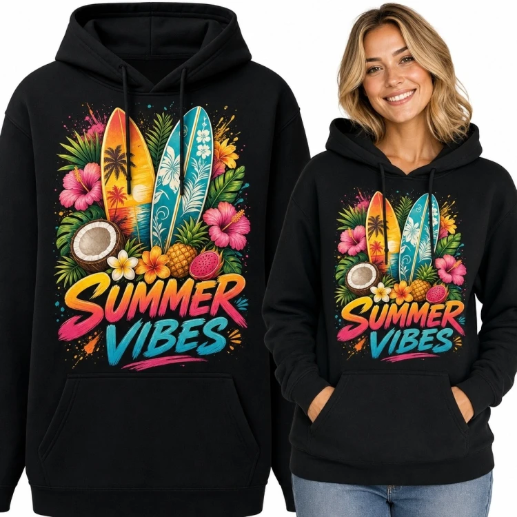 Bluza damska z kapturem „Summer Vibes” - deski surfingowe i tropiki