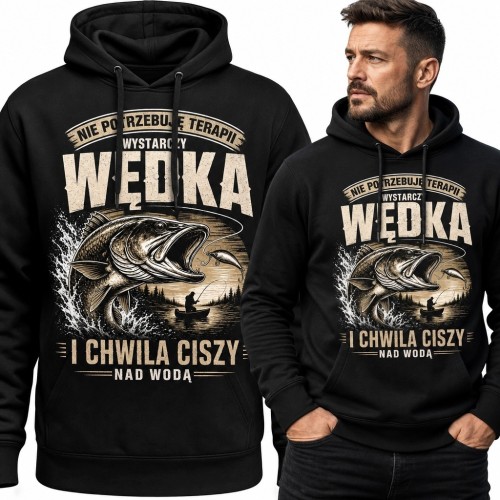 Bluza męska z kapturem dla wędkarza „Wędka i chwila ciszy” - nadruk retro