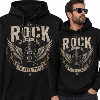 Bluza męska z kapturem z gitarą i napisem „Rock” - „To nie hałas, to styl życia”