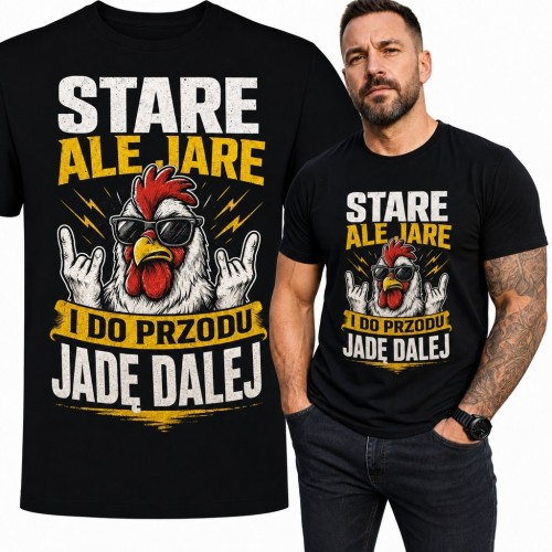 Koszulka męska z rockowym kogutem „Stare ale jare - i do przodu jadę dalej”