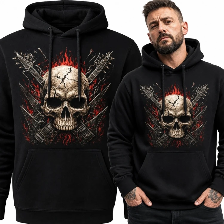 Bluza męska z kapturem z czaszką i skrzyżowanymi gitarami - rock i heavy metal