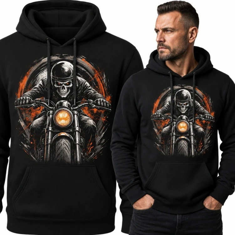 Bluza męska z kapturem - motocyklowy szkielet z ognistym reflektorem