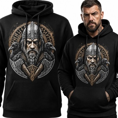 Bluza męska z kapturem - nordycki wojownik, kruki i topory