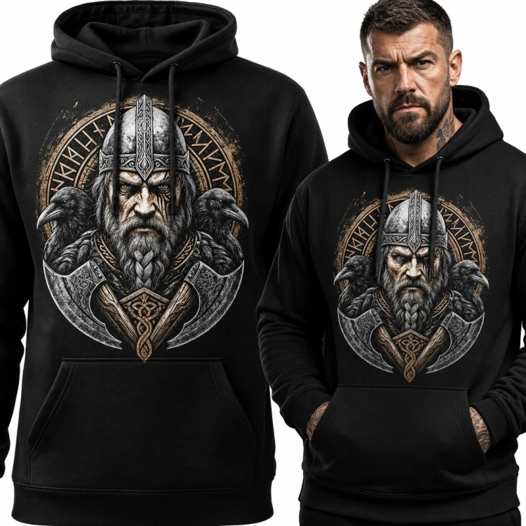 Bluza męska z kapturem - nordycki wojownik, kruki i topory