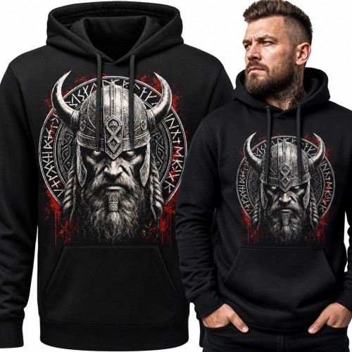 Bluza męska z kapturem - wiking w rogatym hełmie i runiczny krąg