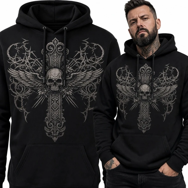 Bluza męska z kapturem - gotycka czaszka na krzyżu ze skrzydłami