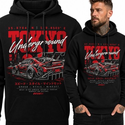 Bluza męska z kapturem z samochodami JDM „Tokyo Underground” - japoński tuning