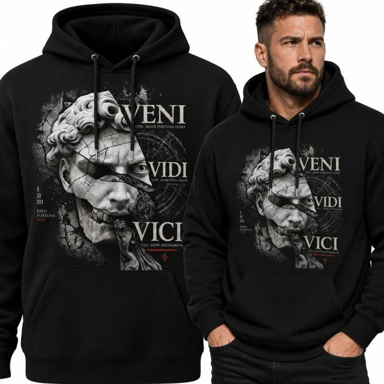 Bluza męska z kapturem - spękana antyczna rzeźba „Veni vidi vici”