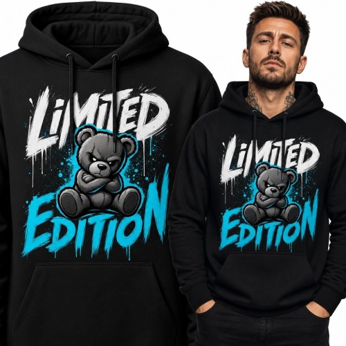 Bluza męska z kapturem z groźnym misiem „Limited Edition” - streetwear graffiti