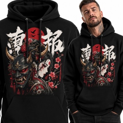 Bluza męska z kapturem z kobietą i maską oni - japoński motyw