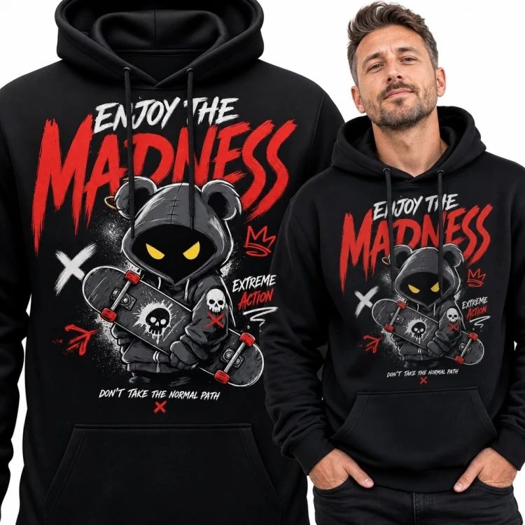 Bluza męska z kapturem z misiem-skaterem „Enjoy the Madness” - mroczny streetwear