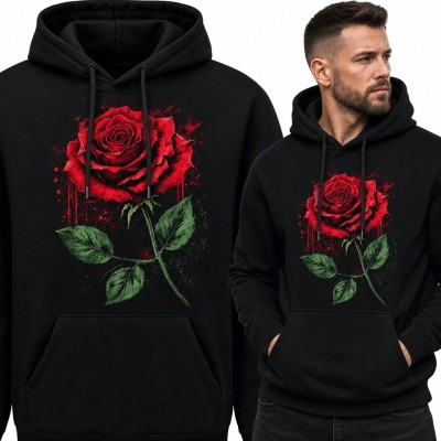 Bluza męska z kapturem z motywem czerwonej róży - mroczny styl grunge