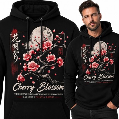 Bluza męska z kapturem „Cherry Blossom” - sakura i pełnia księżyca