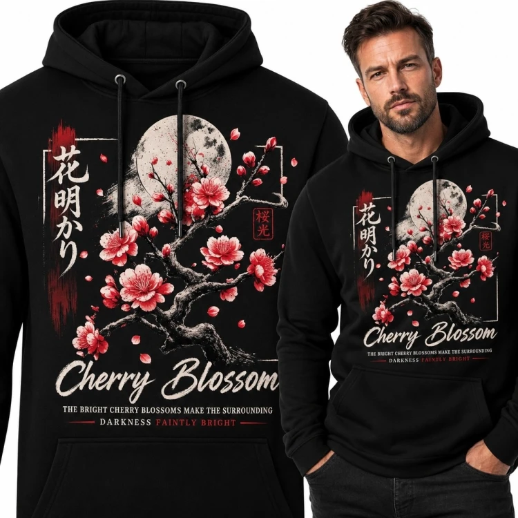 Bluza męska z kapturem „Cherry Blossom” - sakura i pełnia księżyca
