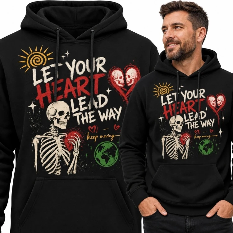Bluza męska z kapturem ze szkieletem i sercem „Let Your Heart Lead the Way”