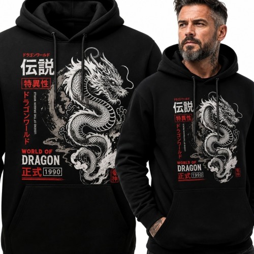 Bluza męska z kapturem ze smokiem „World of Dragon” - japoński streetwear