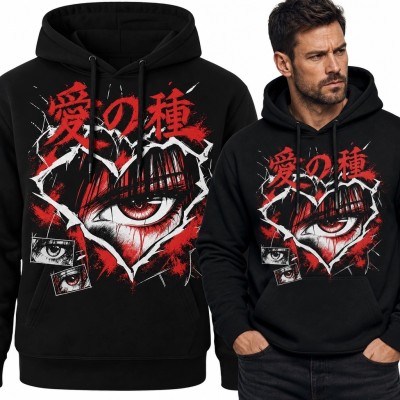 Bluza męska z kapturem z okiem w stylu mangi i napisem „愛の種” - mroczny streetwear