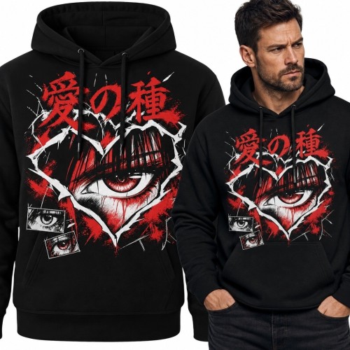 Bluza męska z kapturem z okiem w stylu mangi i napisem „愛の種” - mroczny streetwear