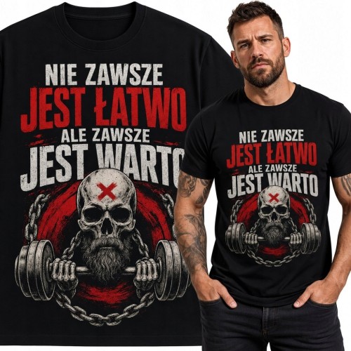 Koszulka męska na siłownię z czaszką „Nie zawsze jest łatwo ale zawsze jest warto” - motyw treningowy