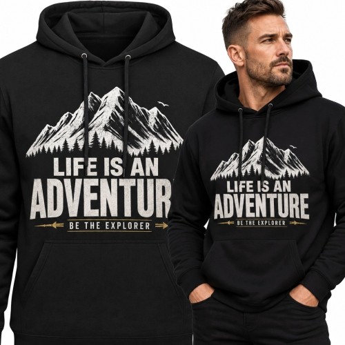 Bluza męska z kapturem z górskim nadrukiem „Life is an adventure” - dla miłośnika podróży