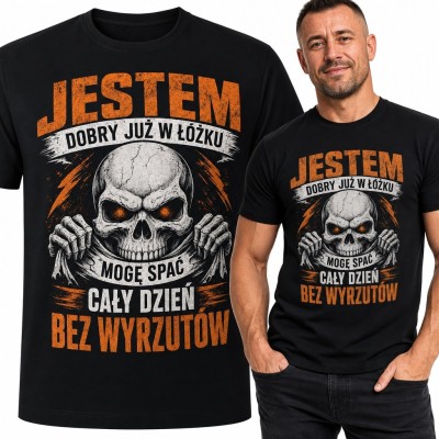 Koszulka męska z czaszką „Jestem dobry już w łóżku” - czarny humor