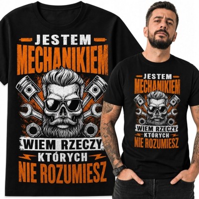 Koszulka męska mechanika „Jestem mechanikiem” - czaszka, tłoki i klucze
