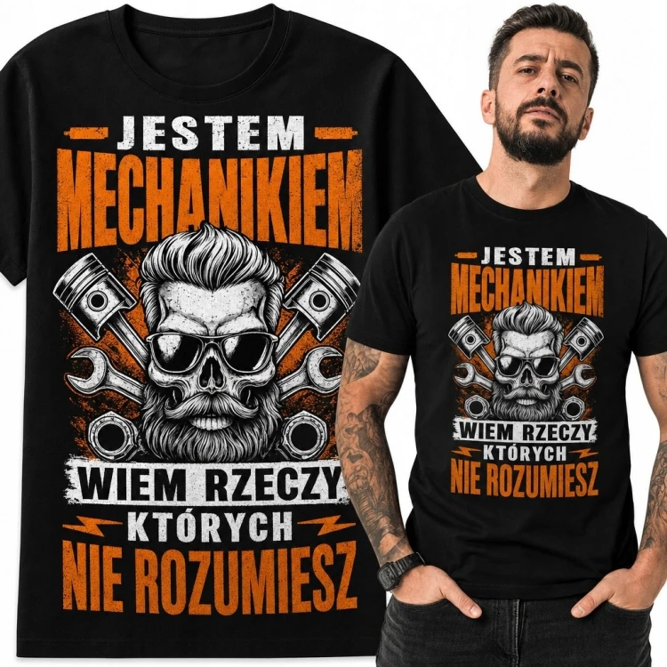 Koszulka męska mechanika „Jestem mechanikiem” - czaszka, tłoki i klucze