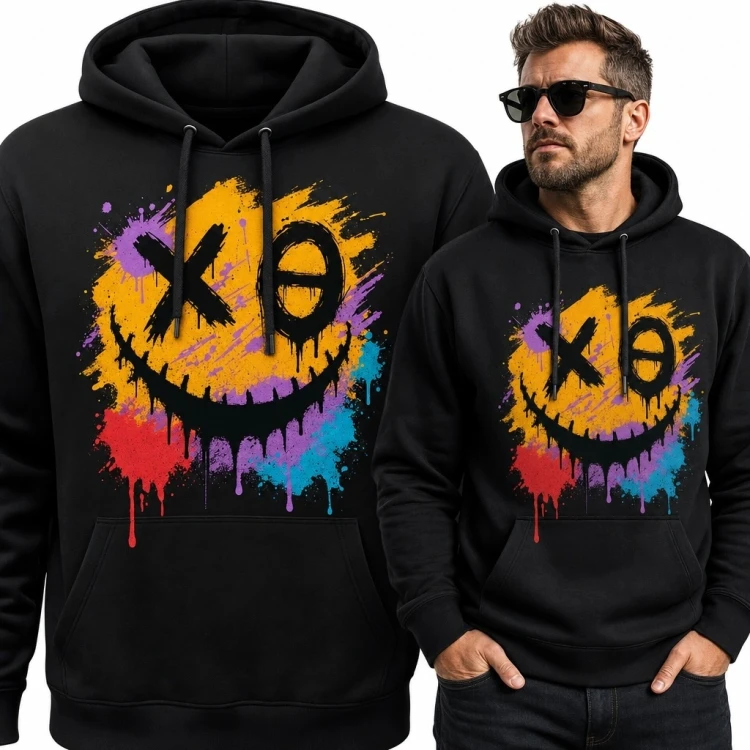 Bluza męska z kapturem - neonowa twarz graffiti z okiem w kształcie X