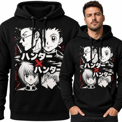 Bluza męska z kapturem Hunter × Hunter z portretami bohaterów i napisem „ハンター × ハンター”