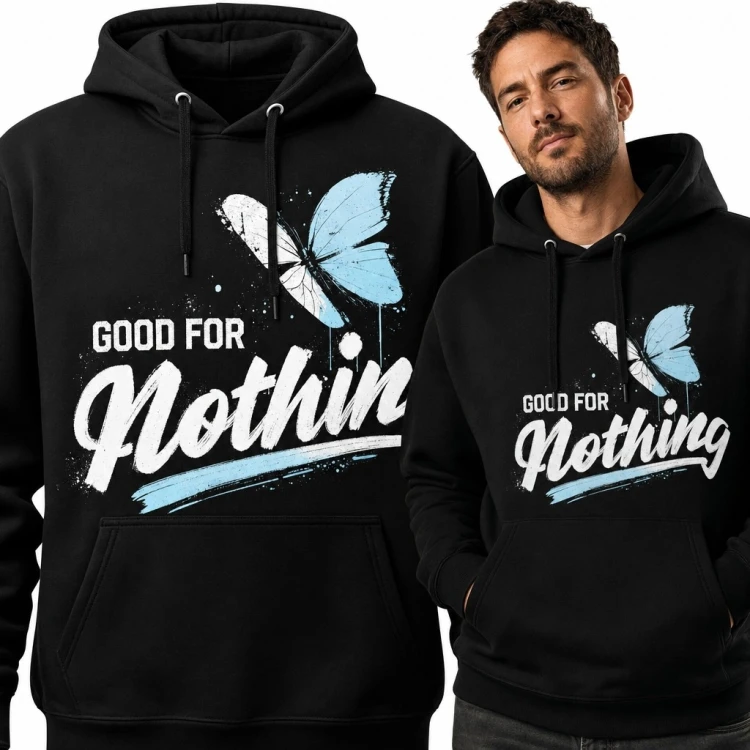Bluza męska z kapturem z motylem i napisem „Good for Nothing” - streetwear