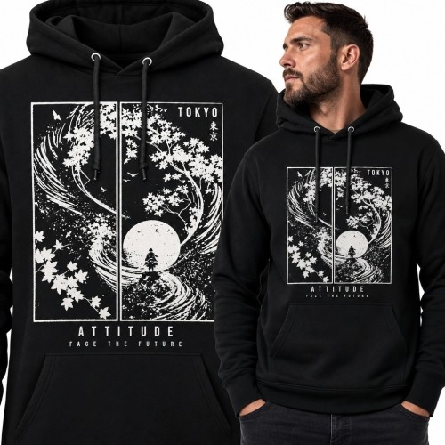 Bluza męska z kapturem z japońską falą i napisem „Attitude - Face the Future”