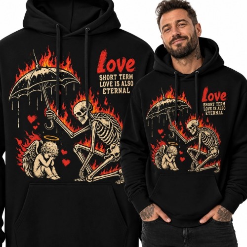 Bluza męska z kapturem „Love” ze szkieletem i cherubinem - gotycki motyw