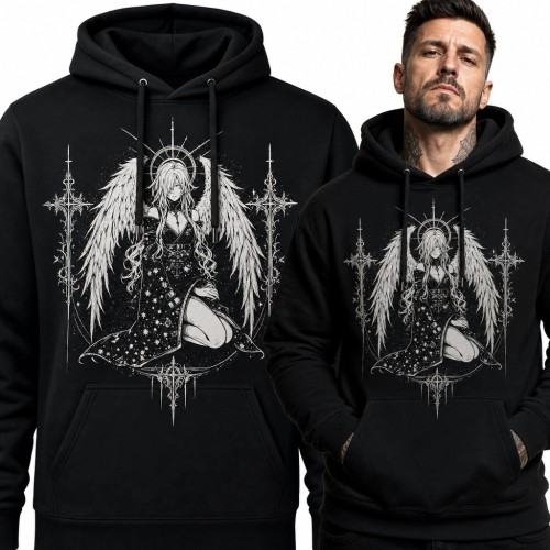 Bluza męska z kapturem - gotycki anioł w ornamentalnej oprawie