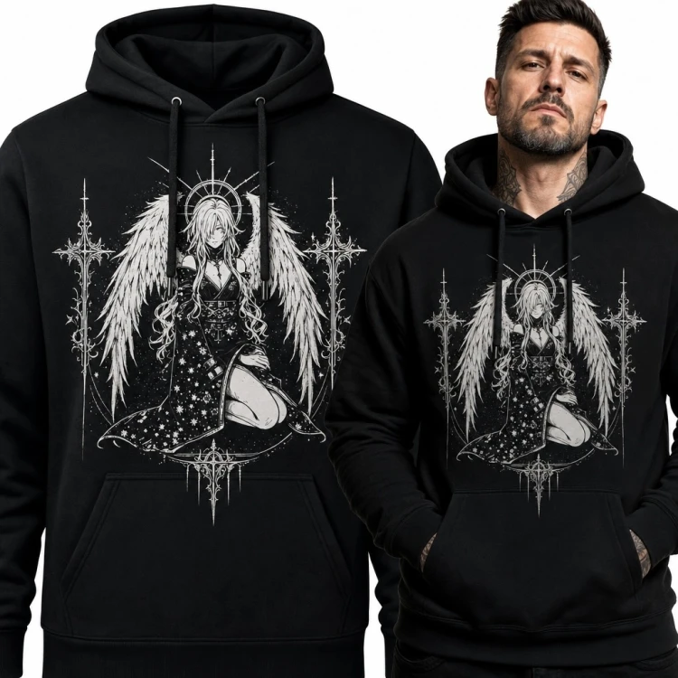 Bluza męska z kapturem - gotycki anioł w ornamentalnej oprawie