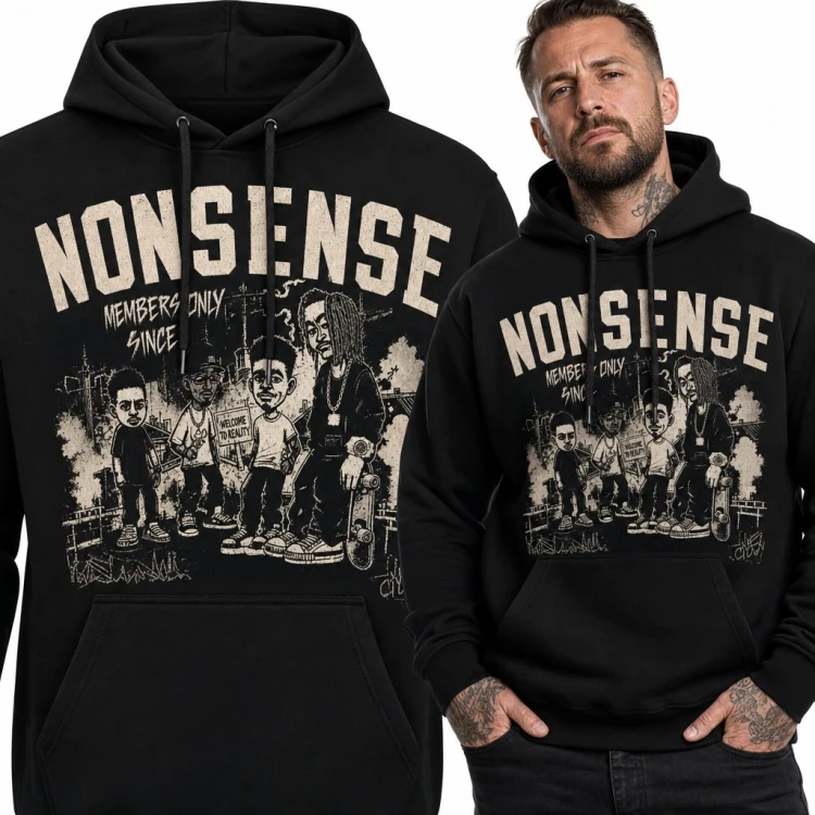 Bluza męska z kapturem z punkową ekipą i napisem „Nonsense”