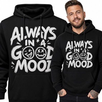Bluza męska z kapturem „Always in a Good Mood” - czarna z emotikonami