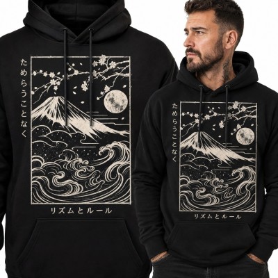 Bluza męska z kapturem - japoński pejzaż z górą Fuji, falami i sakurą