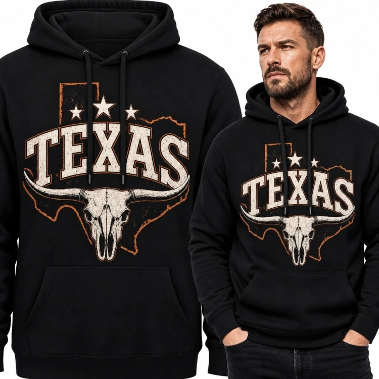 Bluza męska z kapturem z czaszką longhorna i napisem „Texas” - styl westernowy